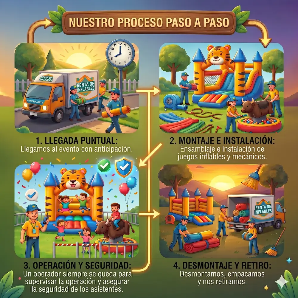 "Infografía profesional que ilustra el proceso de servicio paso a paso para el alquiler de inflables y atracciones para eventos. El diagrama de 4 etapas cubre: primero, la llegada anticipada y puntual; segundo, el montaje profesional y configuración de castillos inflables y toro mecánico; tercero, la supervisión continua con un operador dedicado para garantizar la seguridad de los asistentes; y cuarto, el desmontaje y retiro eficiente del equipo al finalizar. Este proceso completo asegura eventos seguros y divertidos."