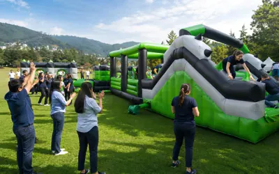 Equipo de trabajo aplaudiendo mientras sus compañeros recorren una pista de obstáculos inflable verde y gris en un evento corporativo al aire libre.