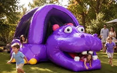Niños corriendo y jugando en un brincolín inflable morado con forma de hipopótamo gigante en el jardín de una fiesta infantil.