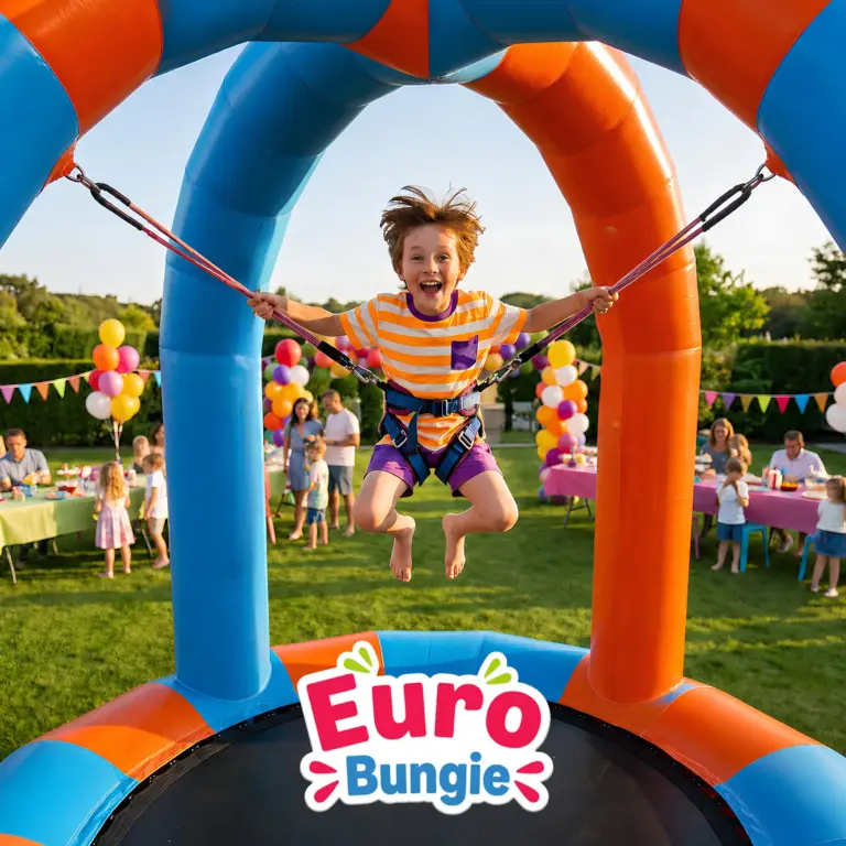 Euro Bungy inflable: cama elástica con arnés y ligas para saltos altos, atracción de renta para niños en fiestas y eventos