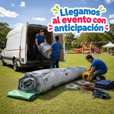 Equipo de Pelotinas llegando al evento en camioneta con los inflables listos para instalar.