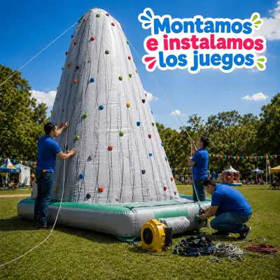 Personal de Pelotinas montando e instalando un inflable de pared de escalar en el evento.