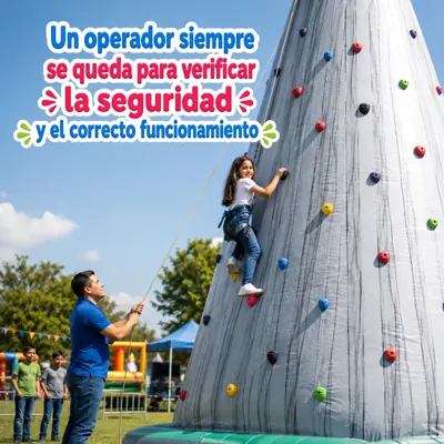 Operador de Pelotinas supervisando la seguridad mientras una niña escala el inflable.
