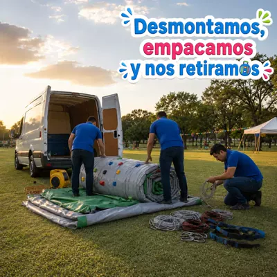 Equipo de Pelotinas desmontando, empacando y retirando el inflable al terminar el evento.