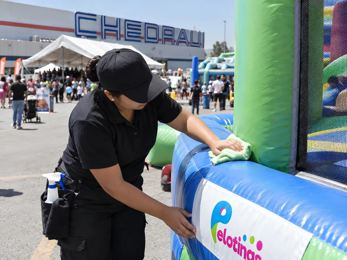 Operadora limpiando un inflable durante el evento